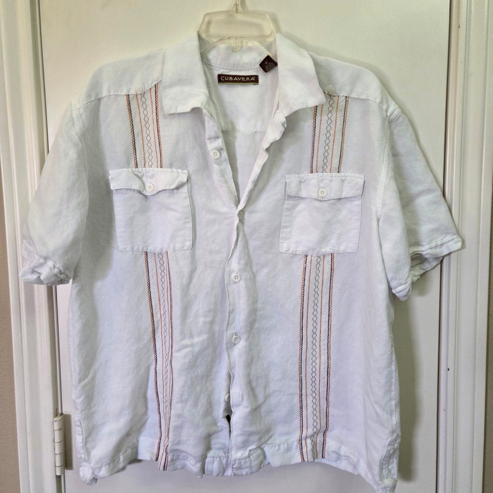 Cubavera Mens White Linen Blend Guayabera Short Sleeve Shirt Large Embroidered